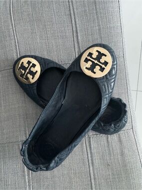 Tory Burch Black Quilted Ballet Flats with Gold Logo Emblem